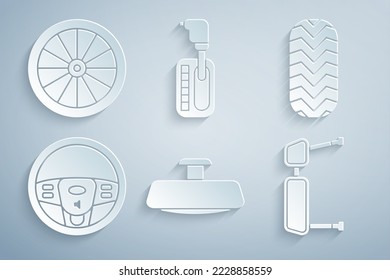Sitúe el espejo retrovisor del coche, el neumático, el volante de la dirección, el lado del camión, el selector de velocidades y el icono. Vector