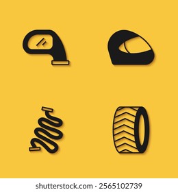 Set Car mirror, tire wheel, Racing track and helmet icon with long shadow. Vector