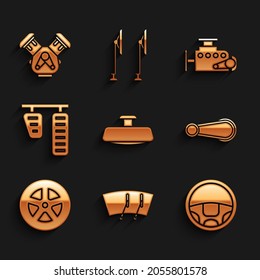 Stellspiegel, Scheibenwischer, Lenkrad, Türgriff, Gasbremse-Pedale, Motor und Icon. Vektorgrafik