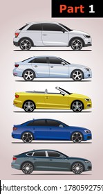 Set of car models (part 1). Audi (top to bottom) A1, A3, S3, A4, A5.