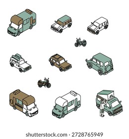 Um conjunto de ilustrações de carros e motocicletas que podem ser usadas para cenas ao ar livre e de viagem.