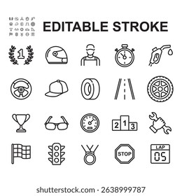 Set of car and motorcycle racing icons. Simple vectors contain icons such as racing flags, trophies, podiums and more.