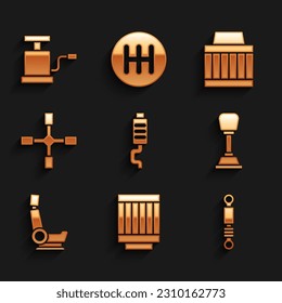 Set Car muffler, air filter, Shock absorber, Gear shifter, seat, Wheel wrench, and pump icon. Vector