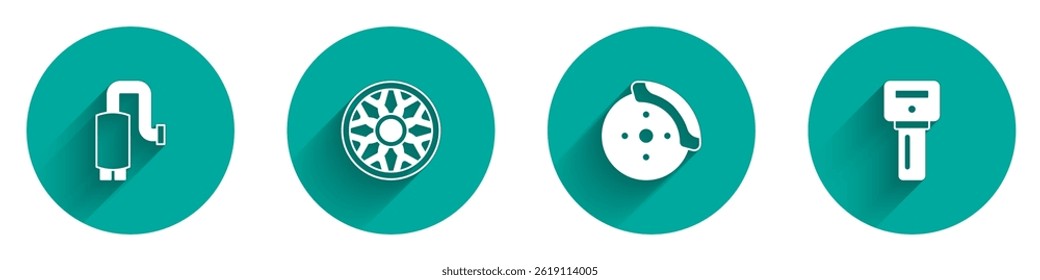 Set Car muffler, Alloy wheel for car, brake disk with caliper and key remote icon with long shadow. Vector