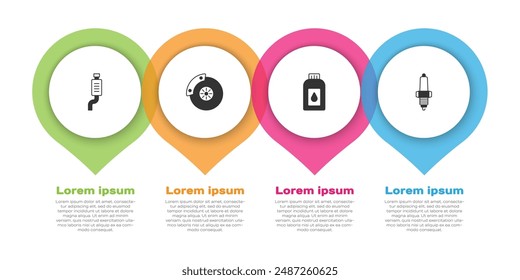 Set Car muffler, brake disk with caliper, Canister for motor machine oil and spark plug. Business infographic template. Vector