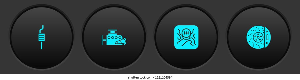 Autoschmuffler, Motor, Getriebe und Bremsscheibe mit Kalibriersymbol einstellen. Vektorgrafik.