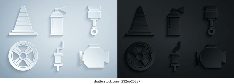 Set Car muffler, Engine piston, wheel, Check engine, Paint spray can and Traffic cone icon. Vector