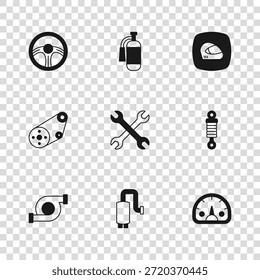 Set Autoschalldämpfer, Stoßdämpfer, Geschwindigkeitsmesser, Schlüsselschlüssel, Rennhelm, Lenkrad, Feuerlöscher und Symbol des Timingbelt-Kits. Vektorgrafik