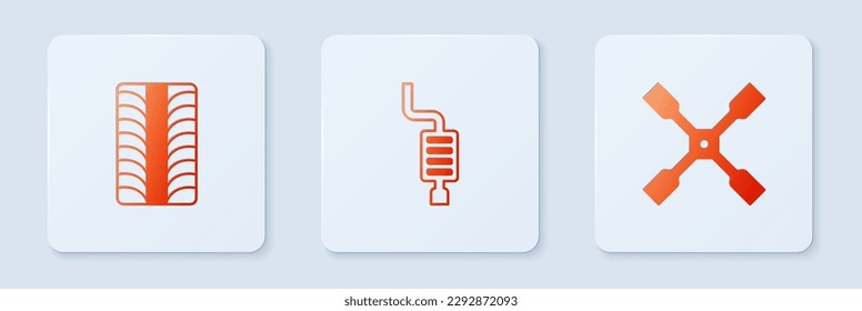 Ajuste el silenciador de coches, la rueda de neumáticos y la llave de rueda. Botón cuadrado blanco. Vector