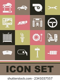 Set Car muffler, Tow truck, Steering wheel, Automotive turbocharger, headlight, Diagnostics condition of car, Repair lift and wash icon. Vector