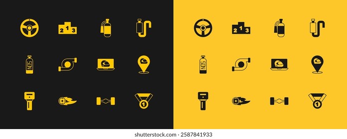 Set Car muffler, Wheel in fire flame, Racing helmet, Chassis car, Automotive turbocharger, Fire extinguisher, steering wheel and Award over sports winner podium icon. Vector