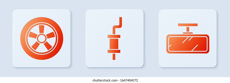 Set Car muffler, Car wheel and Car mirror. White square button. Vector