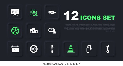 Set Car muffler, Wrench spanner, Award over sports winner podium, Traffic cone, Alloy wheel for car, Racing helmet and Shock absorber icon. Vector