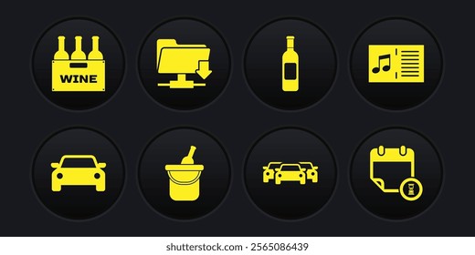 Set Car, Music book with note, Bottle of wine in bucket, Cars,  and FTP folder download icon. Vector