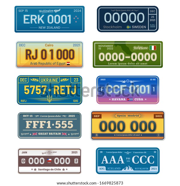 Set of car\
number plates of Europe, UK,\
America