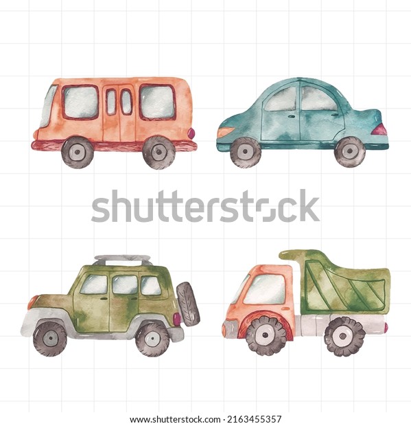 Set of car\
paintings painted in\
watercolor
