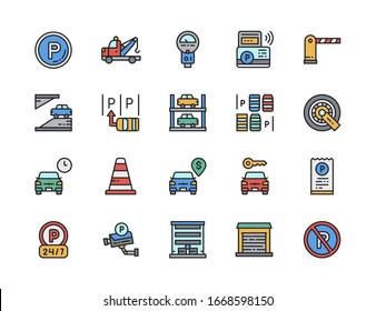 Juego de iconos de color plano de estacionamiento de Camión. Coche, centro de estacionamiento, área de tráfico y más