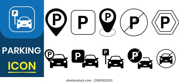 Set of car parking icon. Traffic, map parking pointer, public parking, transparent. Location of parking sign for car. Vector illustration.
