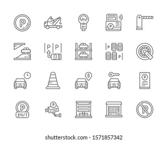 Set of Car Parking Line Icons. Tow Truck, Surveillance System, Parking Meter, Automatic Barrier, Car Wheel Lock, Carsharing Service, Traffic Cone, Automatic Gate and more.