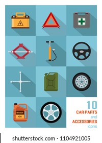 Set of car parts and accessories icons on blue background. Flat style illustration