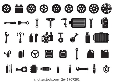 A set of car parts and automotive accessories in vector format. Ideal for repair shop designs, mechanic branding, and car-related infographics.	