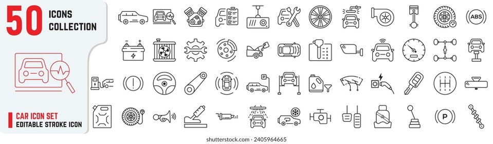 El conjunto de iconos de trazo editable de piezas de automóvil también incluye motor, mantenimiento, diagnóstico, servicio, suspensión, batería, señal de indicadores, iconos de freno. Reparación de coches más de 50 colecciones de iconos delgados