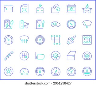 Set of Car parts and car service icons line style. It contains such Icons as speed meter, electric car, EV charging, station, energy, battery, oil, chain  and other elements.