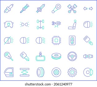 Set of Car parts and car service icons line style. It contains such Icons as speed meter, electric car, EV charging, station, energy, battery, oil, chain  and other elements.