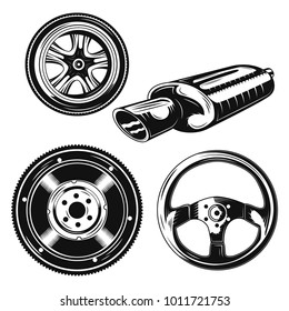 Set of car parts (wheel, flywheel, rudder, exhaust pipe) elements for creating your own badges, logos, labels, posters etc. Isolated on white.