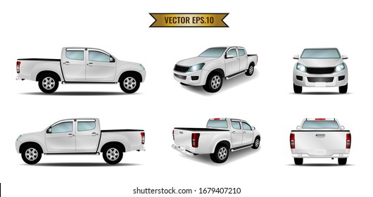 Set Of Car Pickup Mockup Realistic White Isolated On The Background. Ready To Apply To Your Design. Vector Illustration.