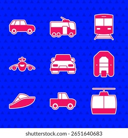 Set Car, Pickup truck, Cable car, Rafting boat, Speedboat, Plane, Train and railway and  icon. Vector