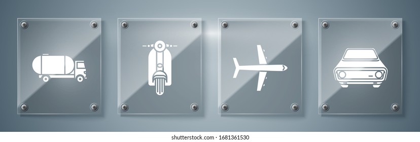 Set Car, Plane, Scooter and Tanker truck. Square glass panels. Vector