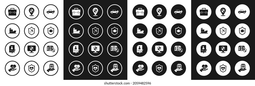 Set Car, Plane with shield, Ship, Briefcase, Piggy bank, Location, House and Document icon. Vector