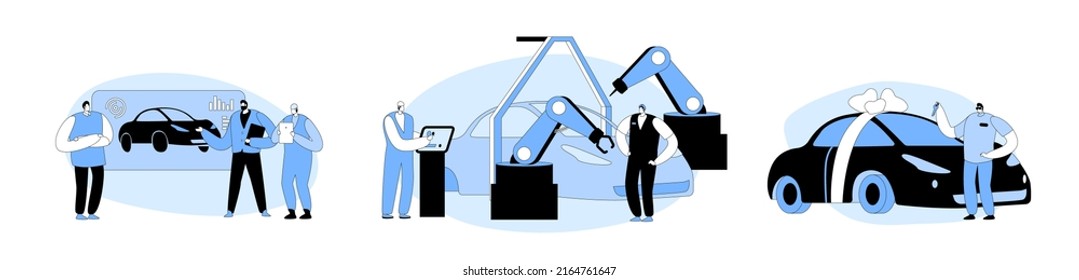 Set Car Production Concept. Engineer Designer Perform Automobile Project, Conveyor Automatic Assembly Line Machinery Industrial Automation Industry, Customer Buy New Auto. Cartoon Vector Illustration