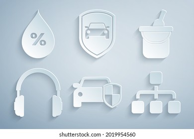 Set Car protection or insurance, Bottle of wine bucket, Headphones, Hierarchy organogram chart,  and Water drop percentage icon. Vector