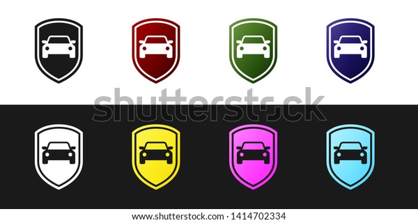 Set Car\
protection or insurance icon isolated on black and white\
background. Protect car guard shield. Safety badge vehicle icon.\
Security auto label. Vector\
Illustration