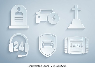 Set Car protection or insurance, Tombstone with cross, Headphone for support, Wooden barrel wine, Electric car and RIP written icon. Vector
