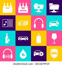 Set Car protection or insurance, Wine glass, Electric car, FTP settings folder, Paper money dollars cash and Music book with note icon. Vector