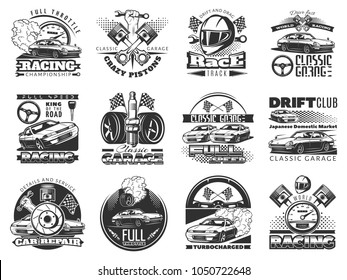 set of car racing black monochrome emblems, labels, logos and championship race badges with descriptions of classic garage, drift club, world racing. isolated vector illustration
