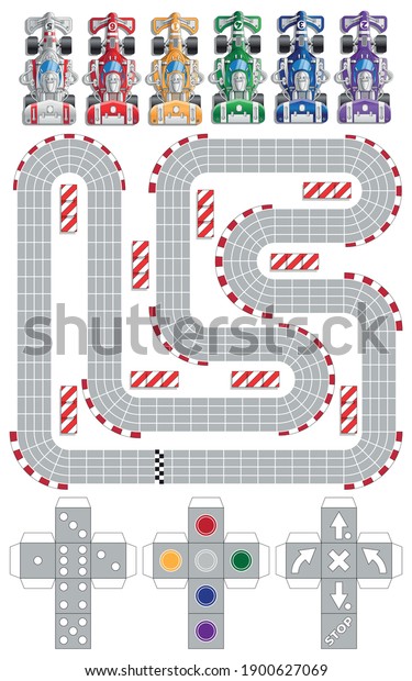 Set for car racing. A board game. Isolated\
on white background. Vector\
illustration.