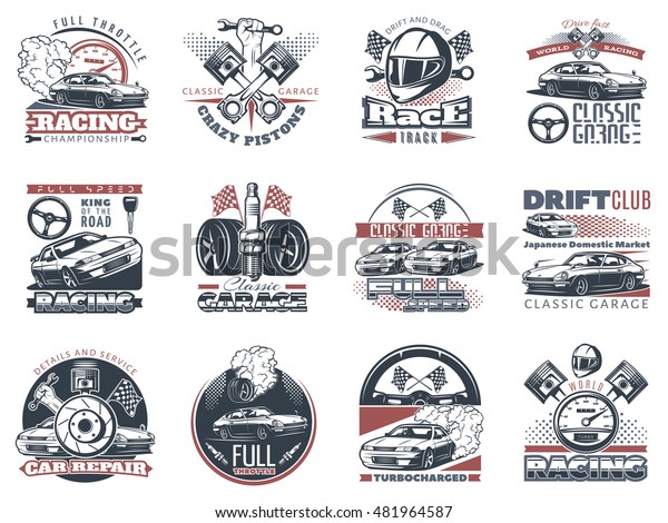 Set of car racing\
colored emblems, labels, logos and championship race badges with\
descriptions of classic garage, drift club, world racing. isolated\
vector illustration