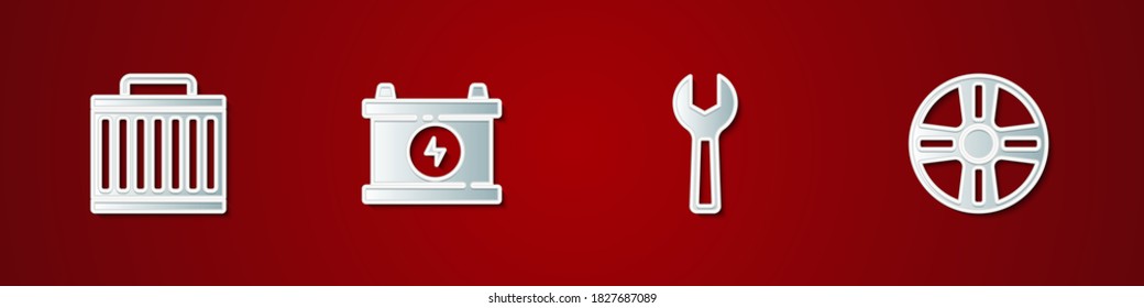 Set Car radiator cooling system, battery, Wrench spanner and Alloy wheel icon. Vector.