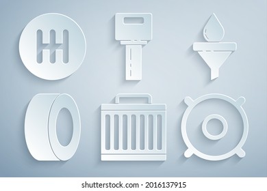Set Car radiator cooling system, Funnel and oil drop, tire, audio speaker, key with remote and Gear shifter icon. Vector