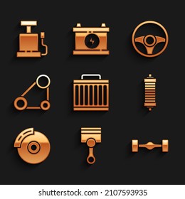 Ajuste el sistema de refrigeración del radiador de coche, el pistón del motor, el coche del chasis, el amortiguador, el disco de freno con pinza, el kit de correa de tiempo, el volante de dirección y el icono de la bomba de aire. Vector