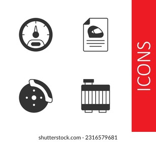 Set Car radiator cooling system, Speedometer, brake disk with caliper and Racing helmet icon. Vector