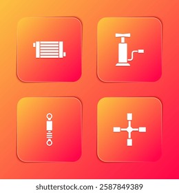 Set Car radiator cooling system, air pump, Shock absorber and Wheel wrench icon. Vector