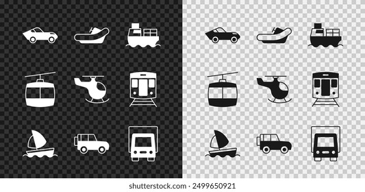 Conjunto de coche, barco de rafting, barco de carga con cajas de entrega, velero de yate, coche todoterreno, camión de carga de entrega, cable e icono de helicóptero. Vector