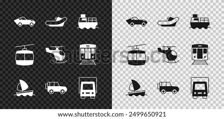 Set Car, Rafting boat, Cargo ship with boxes delivery, Yacht sailboat, Off road car, Delivery cargo truck, Cable and Helicopter icon. Vector