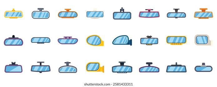 Set of car rearview mirror icons in various shapes and colors, offering a comprehensive collection for automotive related designs