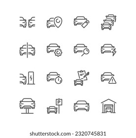 Conjunto de íconos relacionados con el automóvil, garaje, inspección, concesionario, estadísticas comparativas, revisión tecnológica y vectores de variedad lineal.